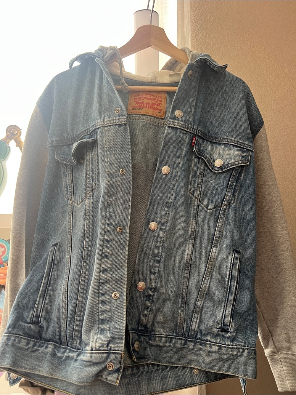 Levi's Blue Denim Jacket with Gray Hoodie Sleeves